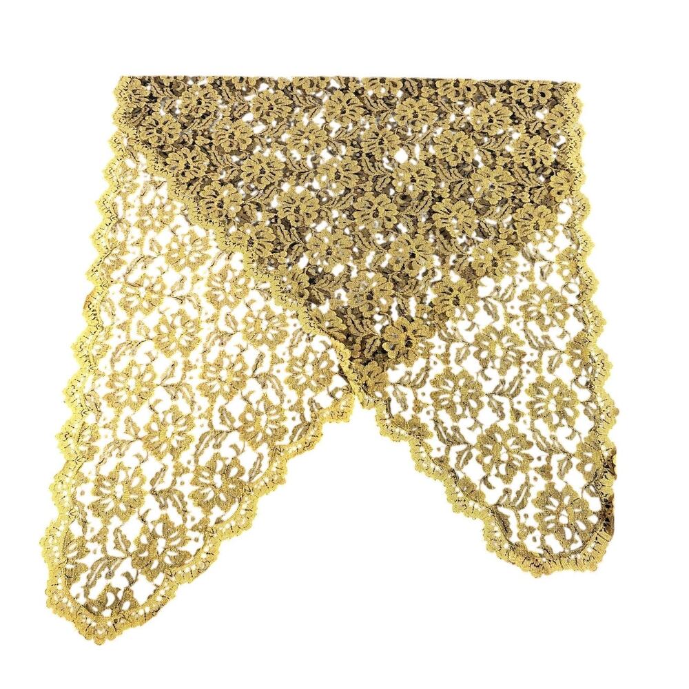 Vintage Golden Metallic Lace Floral- Triangular beige table cover runner-68x30"